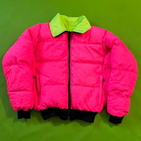 Small 80s Columbia Hot Pink Fluorescent Reversible Down Filled Coat Jacket - Picture 1 of 6